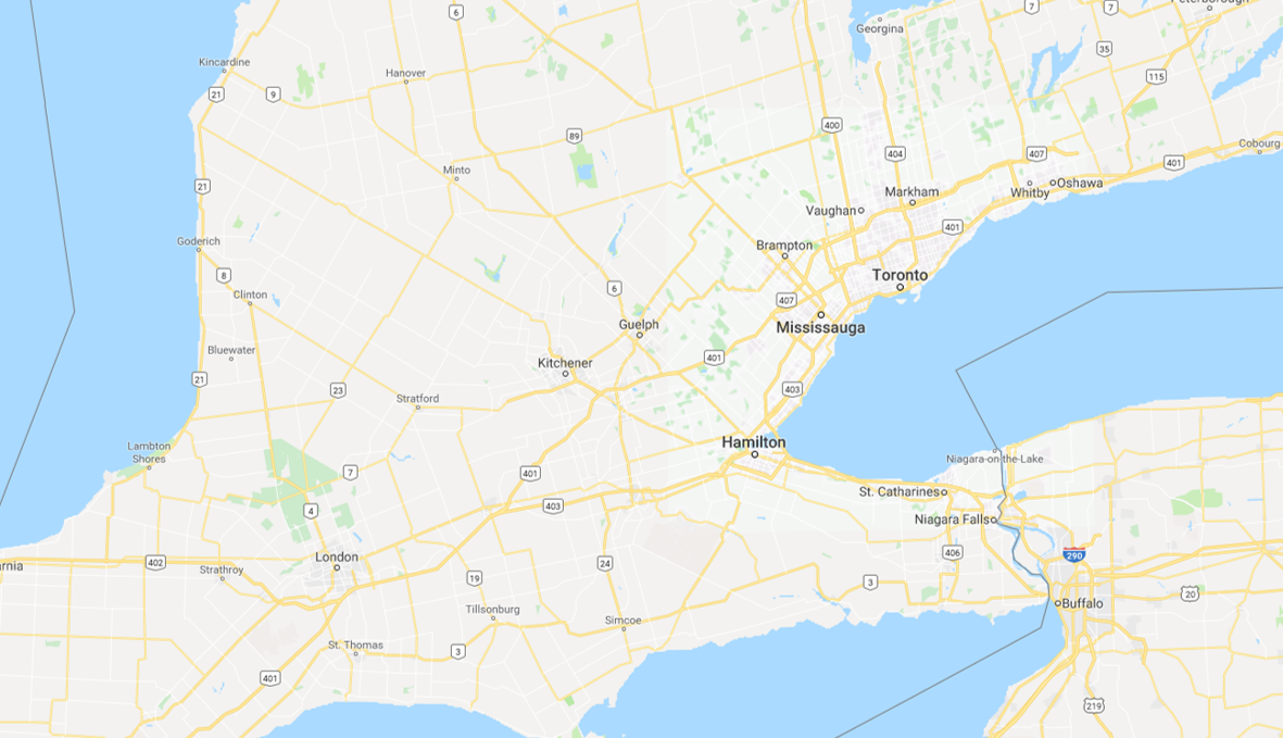 Southern Ontario service area map showing Hamilton, Burlington, Dundas, Ancaster, Brantford, and Stoney Creek